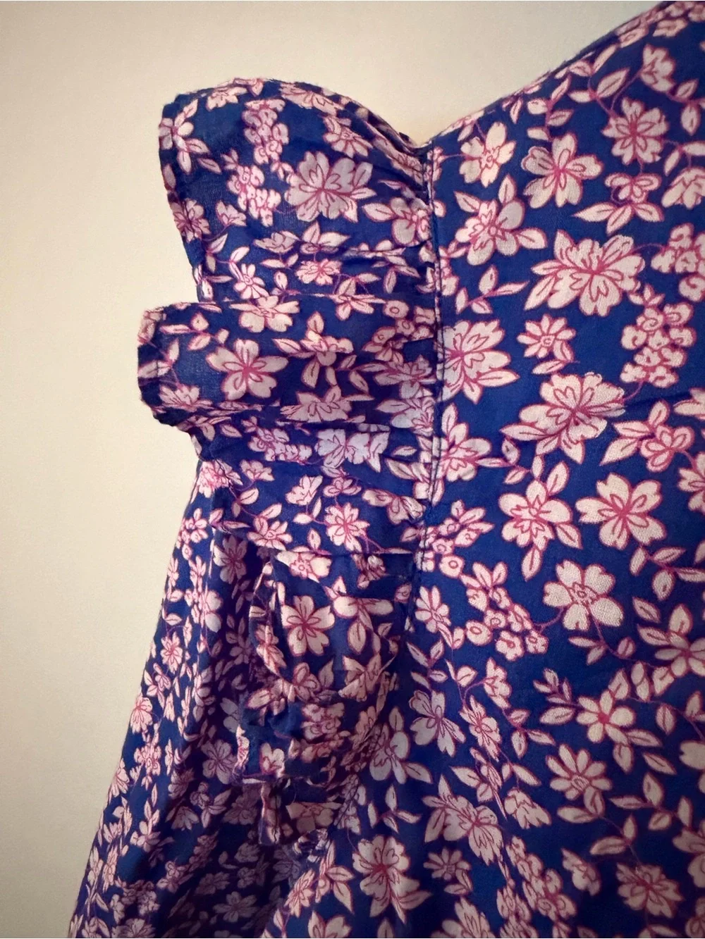 J. Crew Blue Blouse with Pink Floral Print and Ruffle Shoulders